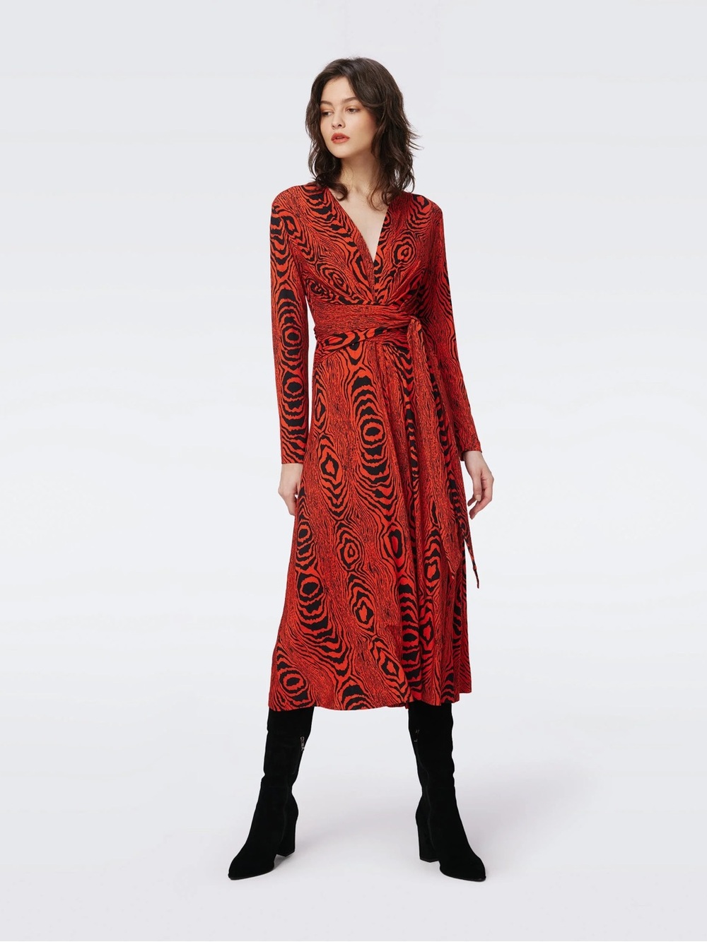 Diane Von Furstenberg Size M Red Woodgrain Print Midi Dress Long Sleeve